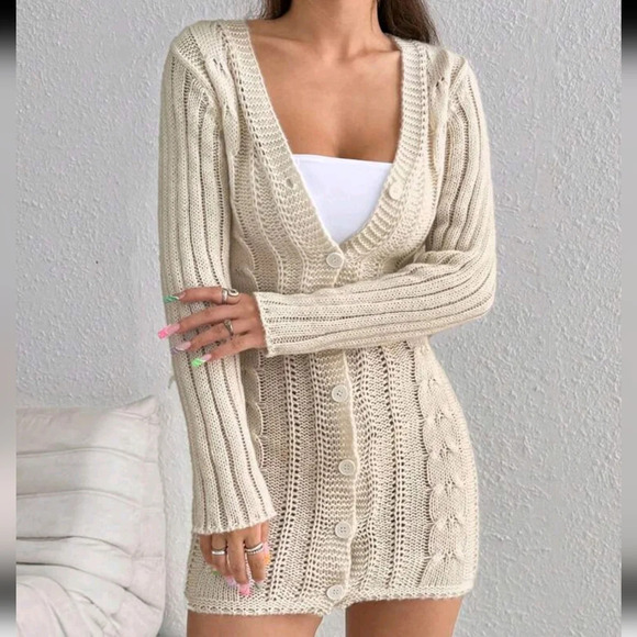 Women's Solid Color Single-Breasted Long Sleeve Slim Fit Sweater Dress - Picture 3 of 5